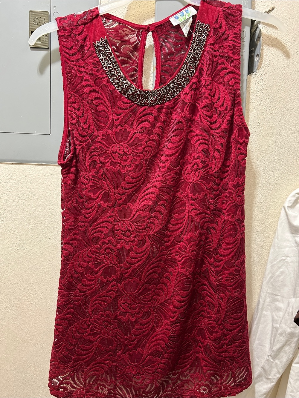 Women's Red Lace Sleeveless Dress with Beaded Neckline